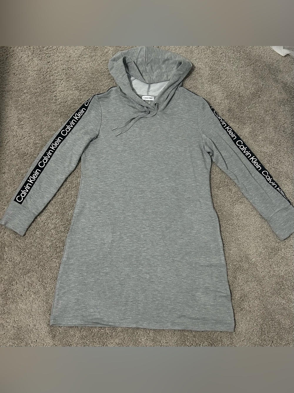 Calvin Klein Heather Gray Long-Sleeve Hoodie Dress with Logo Tape